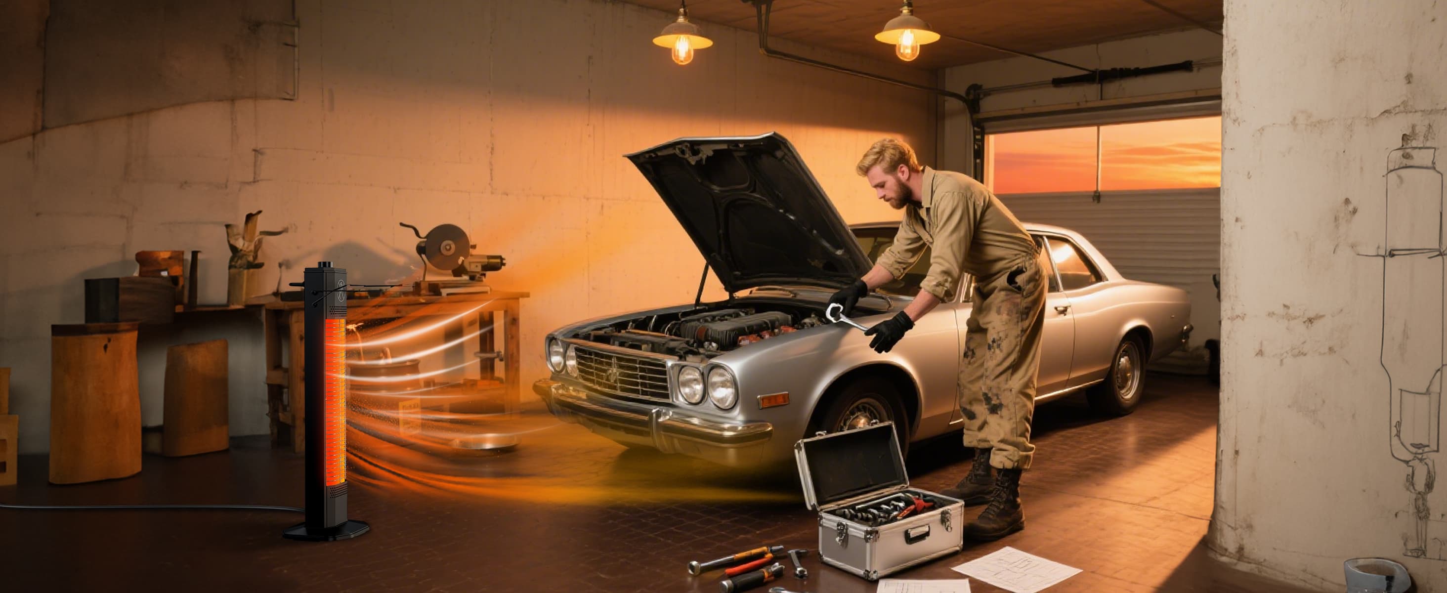 Garage workspace heated with infrared heater